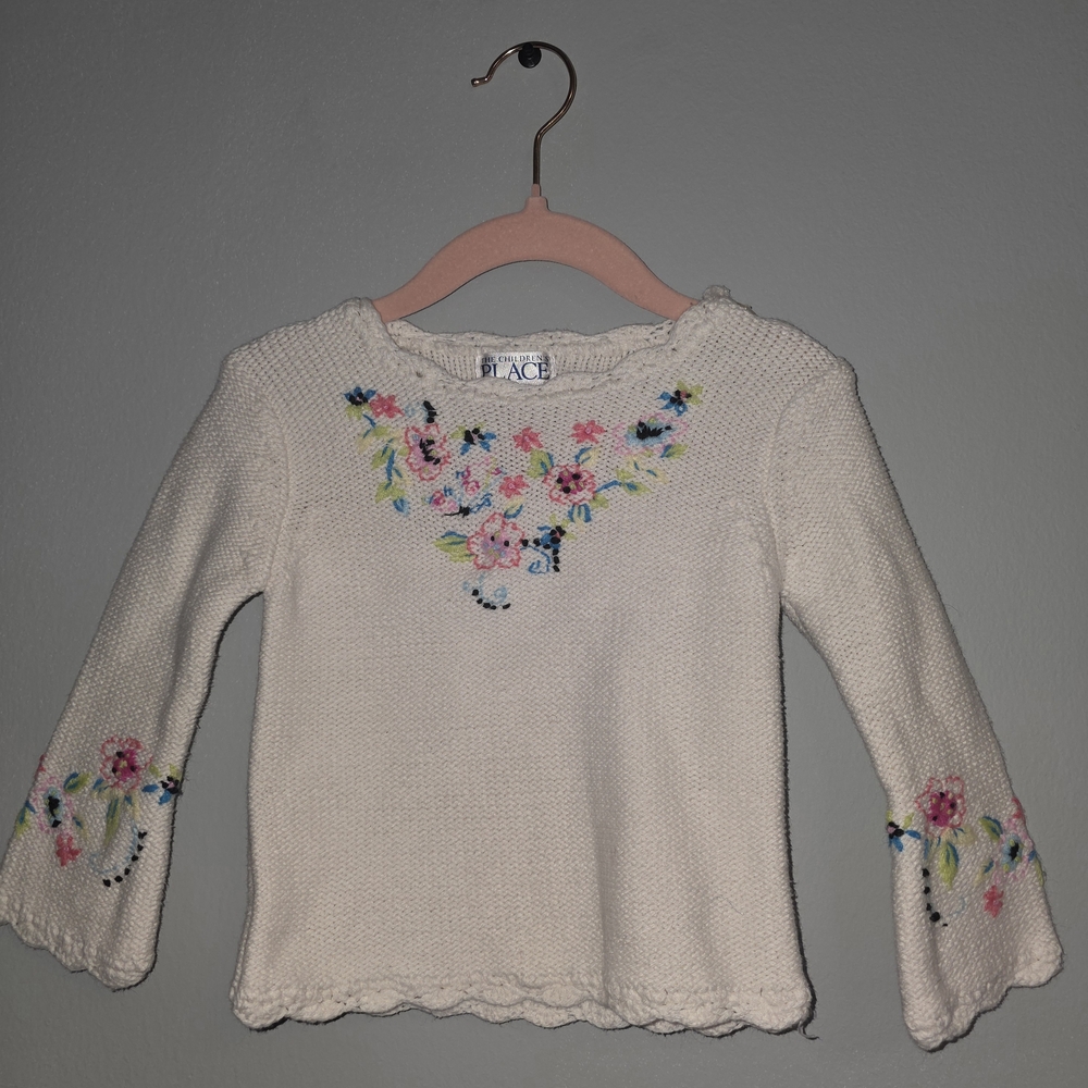 The Children's Place Cream Knit Top with Pink & Blue Floral Embroidery